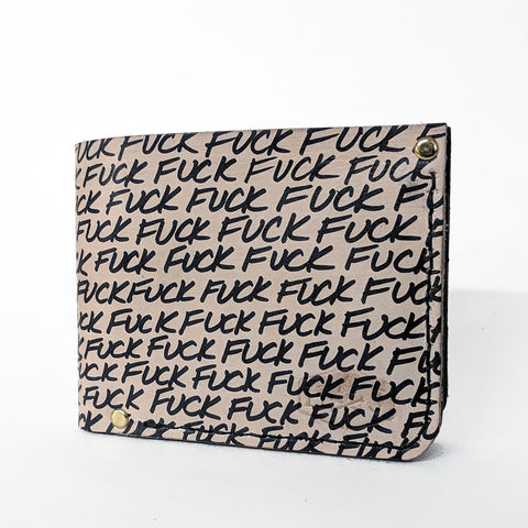 hand stitched leather wallet, with the word 'fuck' printed on it in a repeating pattern.