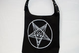 Black or red heavy canvas bag with hand screened Baphomet print. By Horace and Jasper