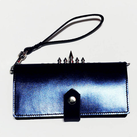 Chrome Navy Blue Spiky Spiky leather cell phone clutch / wallet