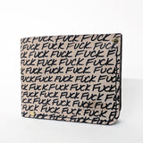 hand stitched leather wallet, with the word 'fuck' printed on it in a repeating pattern.