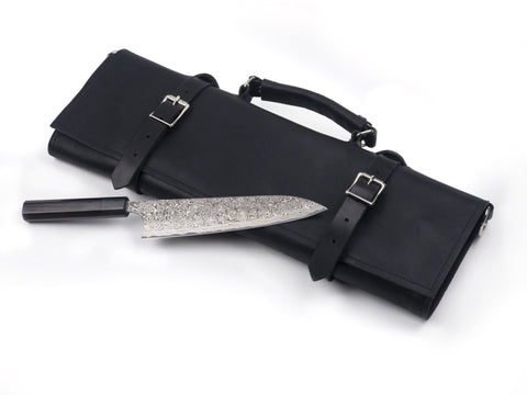 Horace and Jasper handmade leather chef knife roll in black with Japanese kitchen knife.