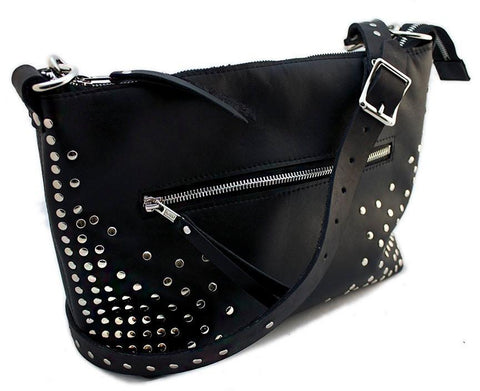 Calgary handmade leather purse with many chrome rivets and shoulder strap.