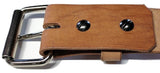 handmade leather belt showing buckle attached with durable Chicago screws, rather than snaps.